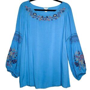 Intro. Top Women's Size 1X Embroidered Boho‎ Peasant Top Blouson/Balloon Sleeve